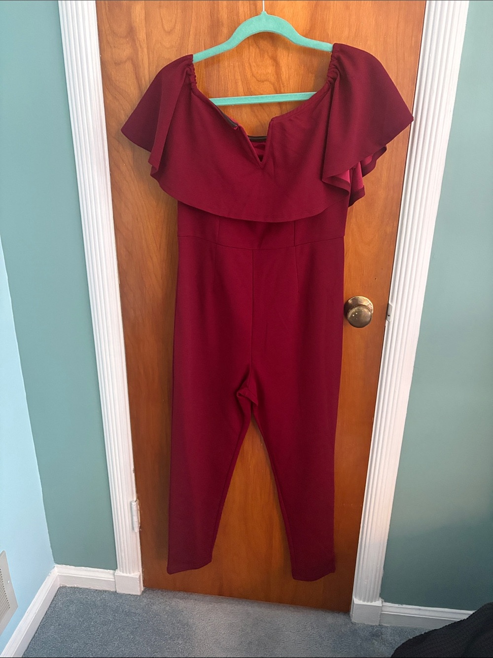 Women's Off-Shoulder Ruffle Jumpsuit - Burgundy